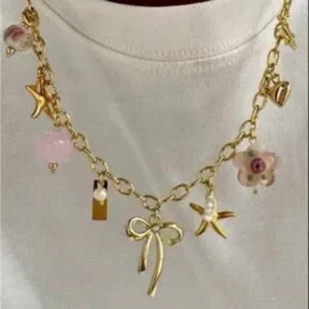 Stainless Steel Starfish Flower bow Charm Pendant Golden Color Necklace